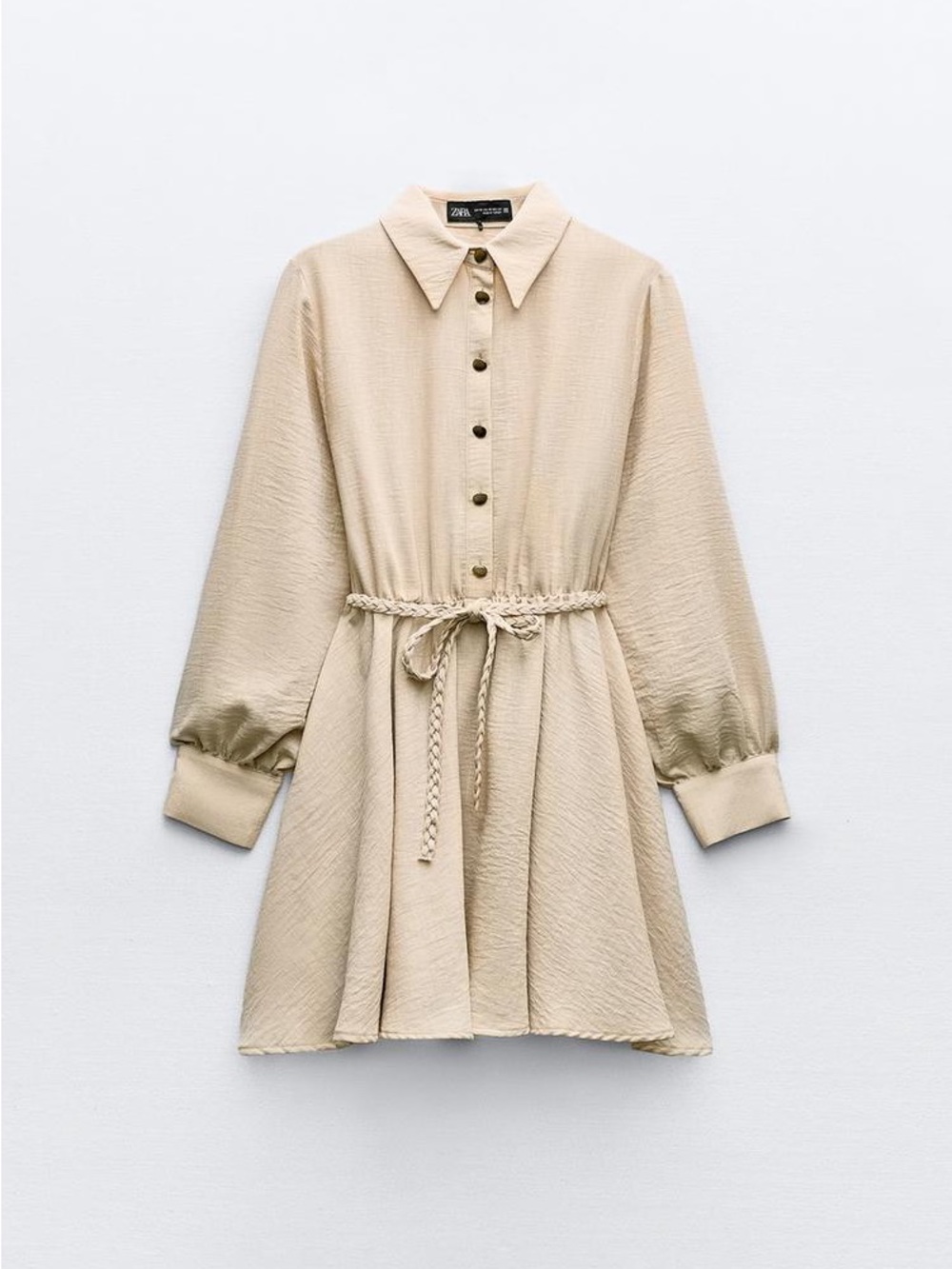 ZARA Cream Textured Long-Sleeve Shirt Dress with Braided Tie